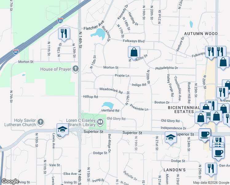 map of restaurants, bars, coffee shops, grocery stores, and more near 1555 Meadowlark Road in Lincoln