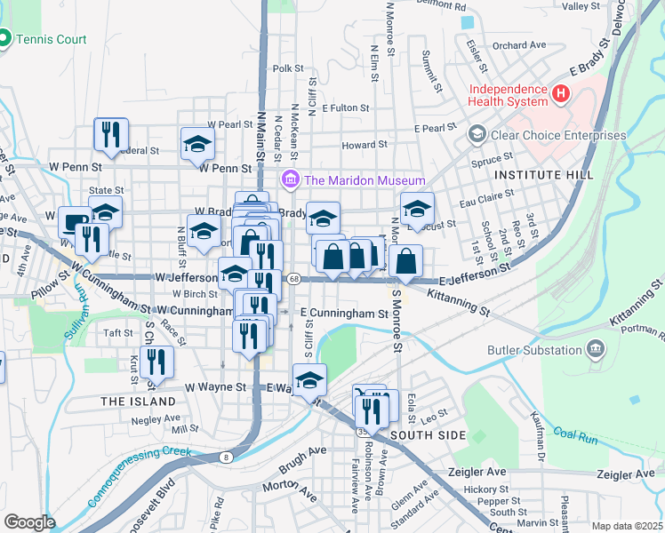 map of restaurants, bars, coffee shops, grocery stores, and more near 230 East Jefferson Street in Butler