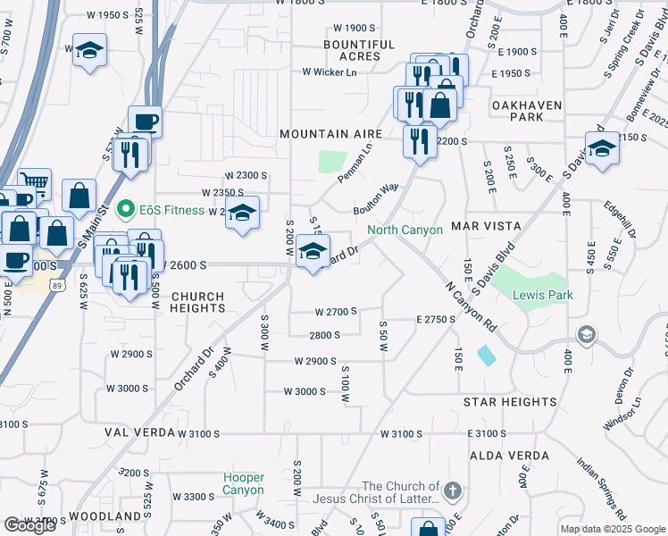 map of restaurants, bars, coffee shops, grocery stores, and more near 2611 Orchard Drive in Bountiful