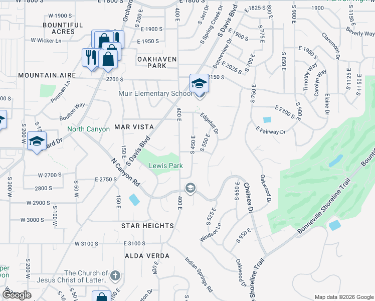 map of restaurants, bars, coffee shops, grocery stores, and more near 2586 South 450 East in Bountiful