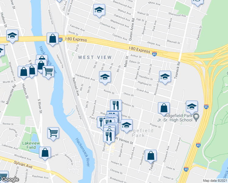 map of restaurants, bars, coffee shops, grocery stores, and more near 48 Austin Street in Ridgefield Park