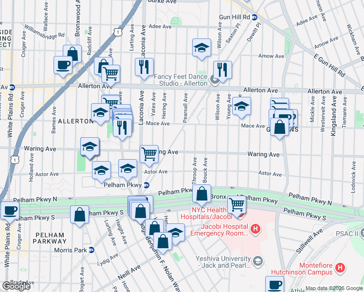 map of restaurants, bars, coffee shops, grocery stores, and more near 2411 Pearsall Avenue in The Bronx