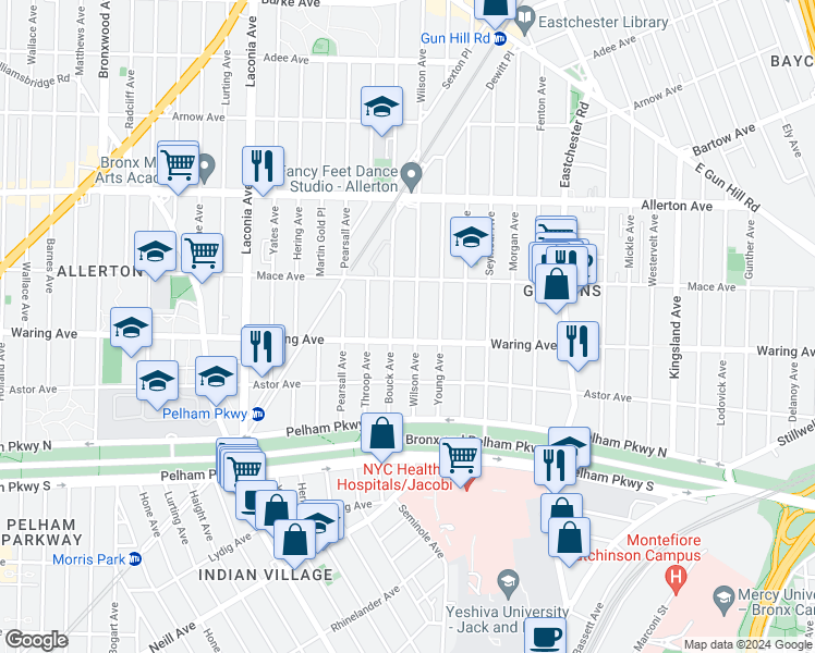 map of restaurants, bars, coffee shops, grocery stores, and more near 2411 Wilson Avenue in Bronx