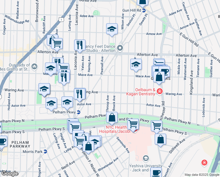 map of restaurants, bars, coffee shops, grocery stores, and more near 2414 Throop Ave in Bronx