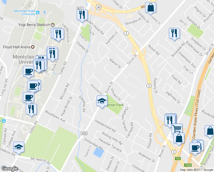 map of restaurants, bars, coffee shops, grocery stores, and more near 680 Grove Street in Montclair
