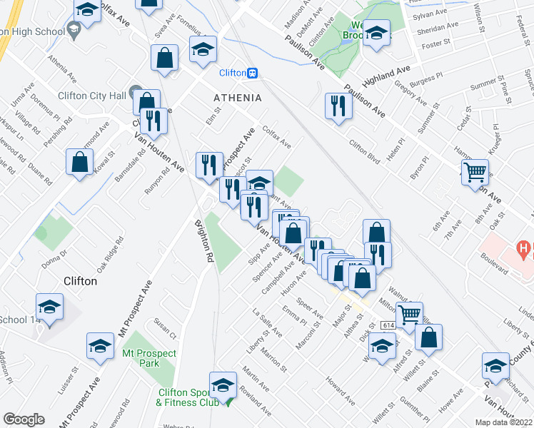 map of restaurants, bars, coffee shops, grocery stores, and more near 35 Machias Street in Clifton