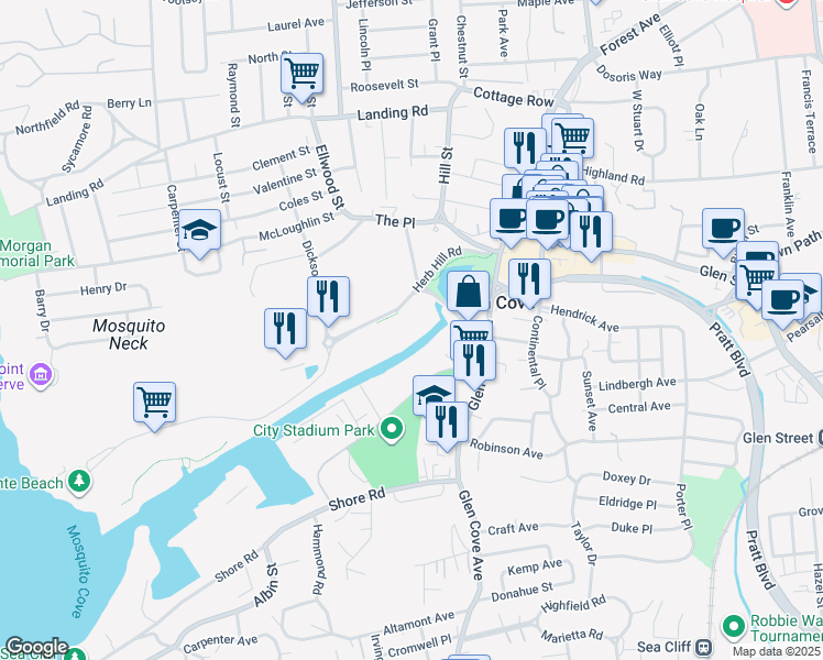 map of restaurants, bars, coffee shops, grocery stores, and more near 63 Herb Hill Road in Glen Cove