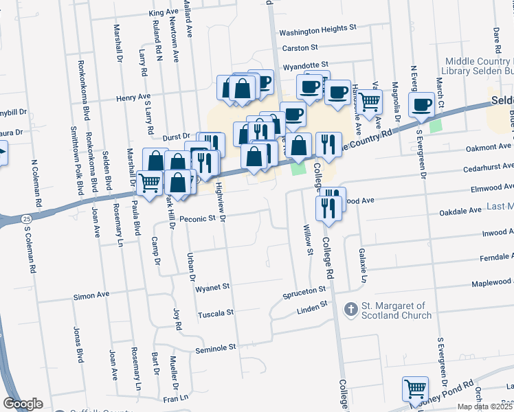 map of restaurants, bars, coffee shops, grocery stores, and more near 15 Peconic Street in Selden