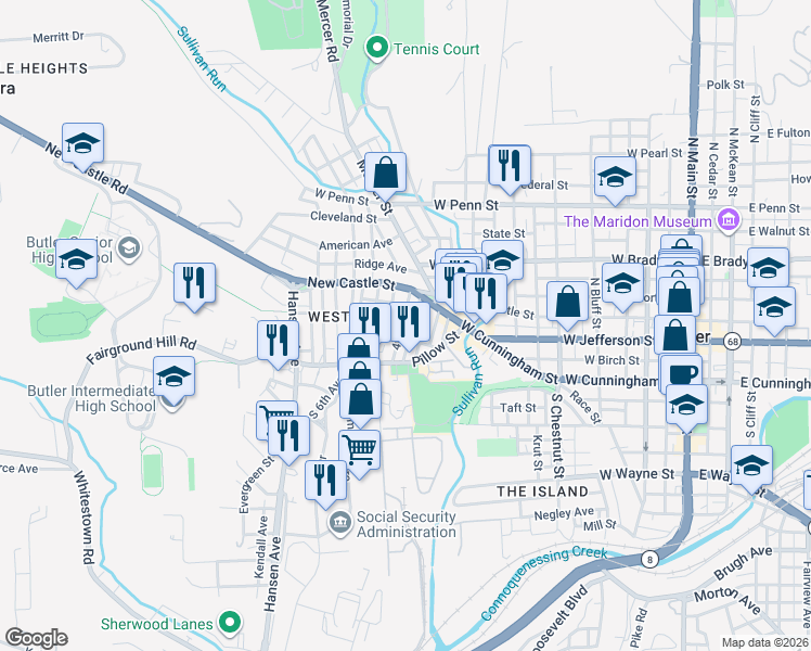 map of restaurants, bars, coffee shops, grocery stores, and more near 119 4th Avenue in Butler
