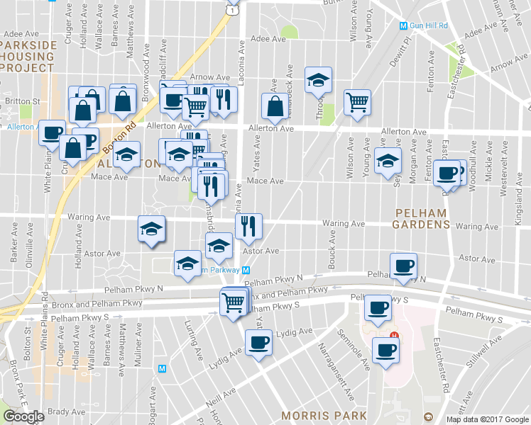 map of restaurants, bars, coffee shops, grocery stores, and more near 2409 Hering Avenue in Bronx