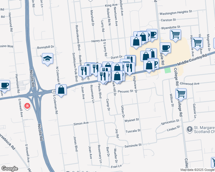 map of restaurants, bars, coffee shops, grocery stores, and more near 1310 New York 25 in Selden