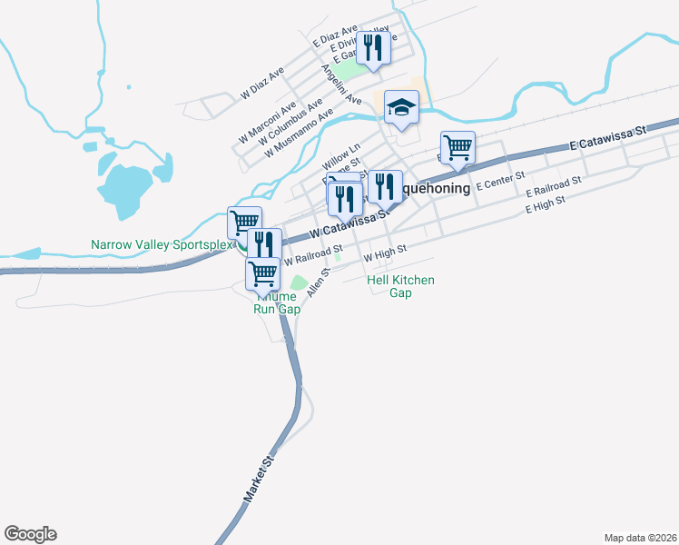 map of restaurants, bars, coffee shops, grocery stores, and more near 225 West High Street in Nesquehoning
