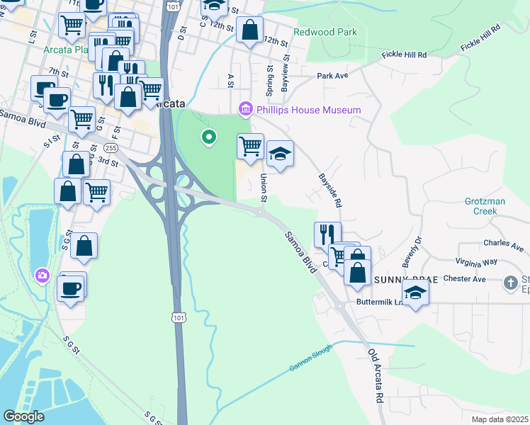 map of restaurants, bars, coffee shops, grocery stores, and more near 122 Samoa Boulevard in Arcata