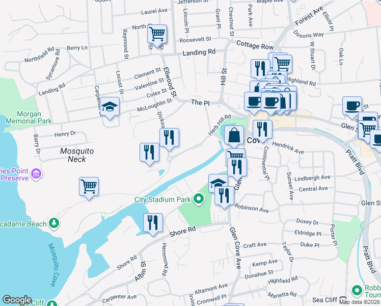 map of restaurants, bars, coffee shops, grocery stores, and more near 59-99 Charles St in Glen Cove