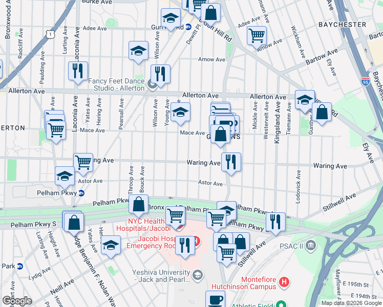 map of restaurants, bars, coffee shops, grocery stores, and more near 2415R Seymour Avenue in Bronx