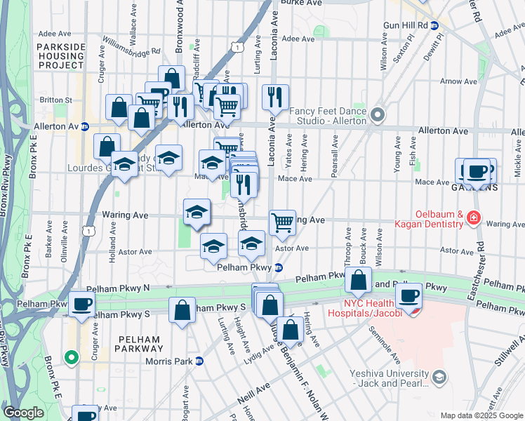 map of restaurants, bars, coffee shops, grocery stores, and more near 1061 Waring Avenue in Bronx