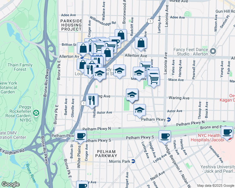 map of restaurants, bars, coffee shops, grocery stores, and more near 817 Waring Avenue in Bronx