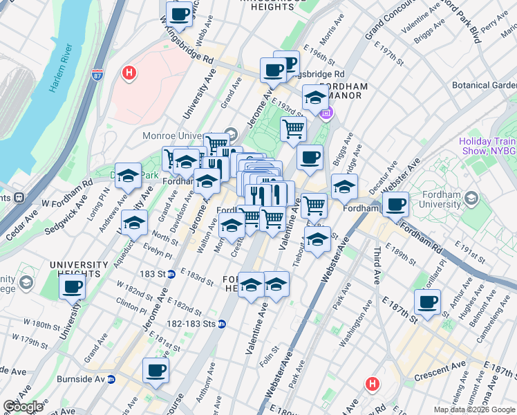 map of restaurants, bars, coffee shops, grocery stores, and more near in The Bronx