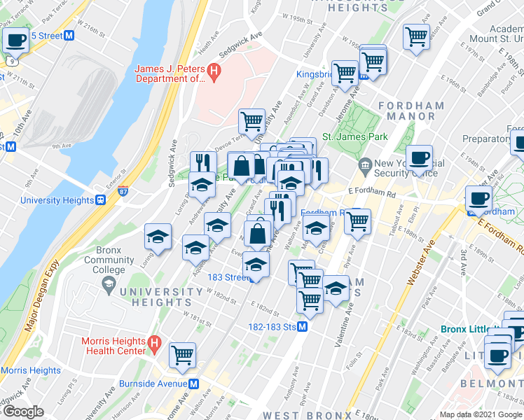 map of restaurants, bars, coffee shops, grocery stores, and more near 2391 Davidson Avenue in Bronx