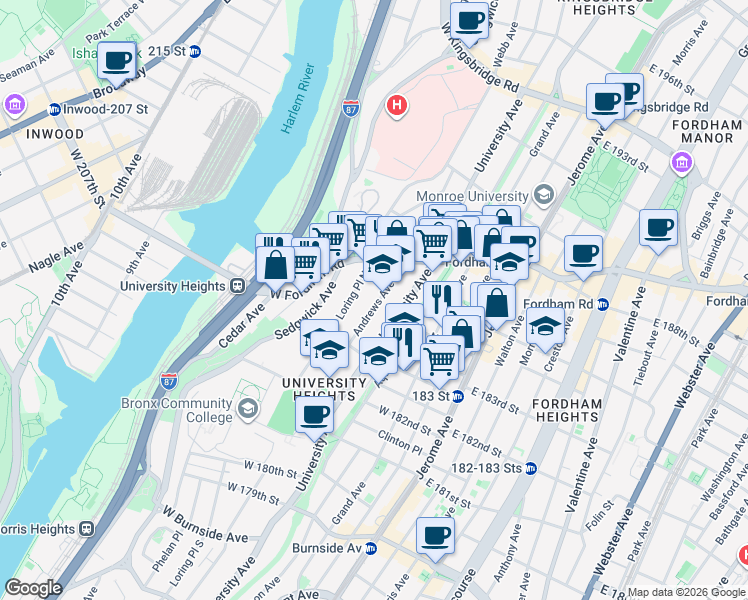 map of restaurants, bars, coffee shops, grocery stores, and more near 2300 Loring Place North in Bronx