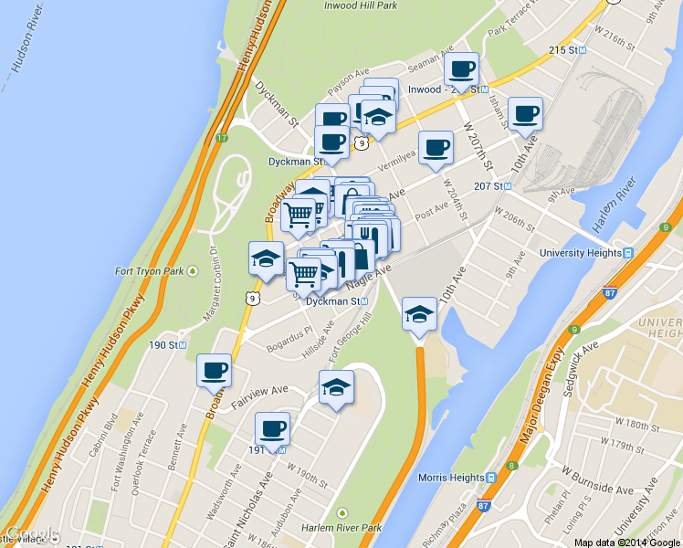 map of restaurants, bars, coffee shops, grocery stores, and more near 2 Thayer Street in New York