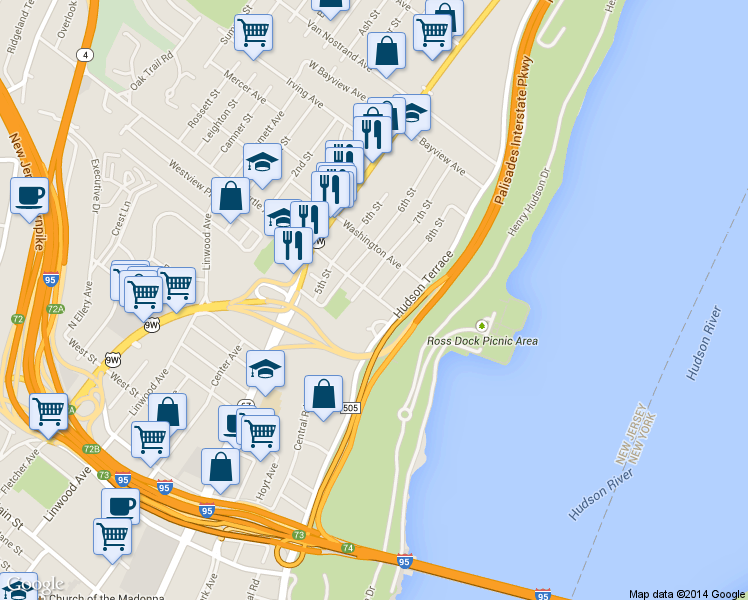 map of restaurants, bars, coffee shops, grocery stores, and more near 132 Myrtle Avenue in Fort Lee