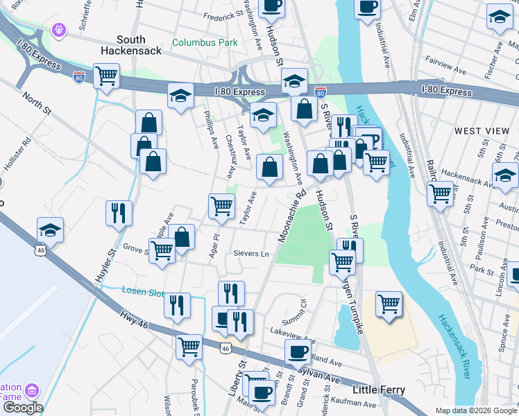 map of restaurants, bars, coffee shops, grocery stores, and more near 31 Williams Avenue in South Hackensack