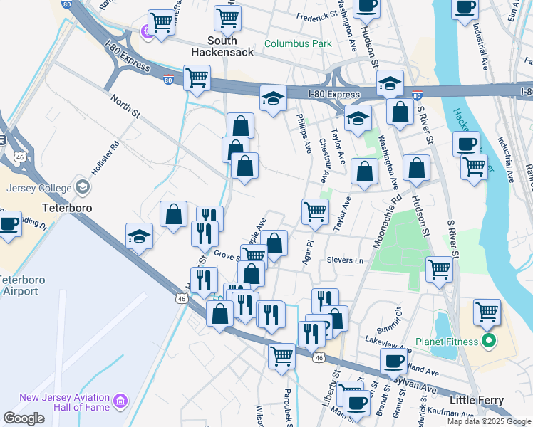 map of restaurants, bars, coffee shops, grocery stores, and more near 9 Milano Court in South Hackensack
