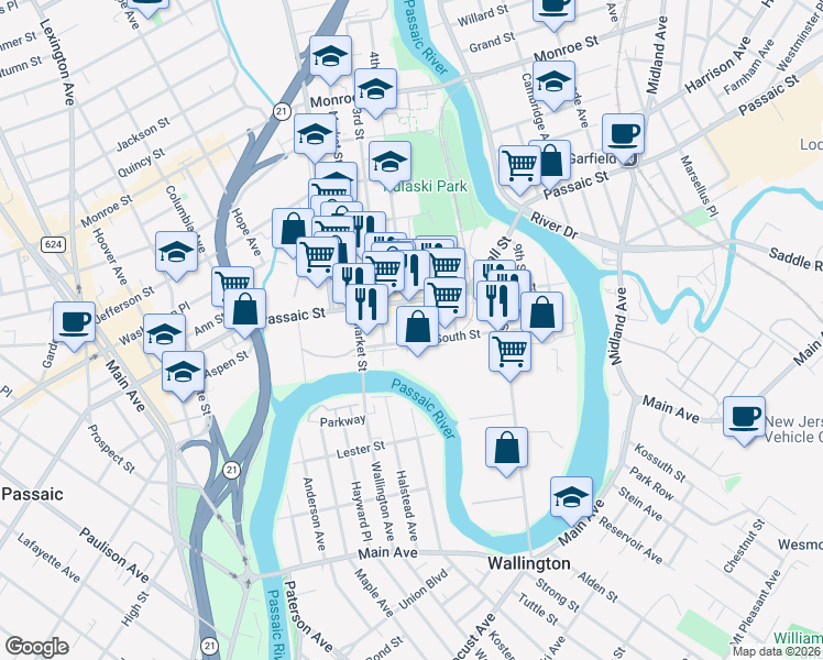 map of restaurants, bars, coffee shops, grocery stores, and more near 17 5th Street in Passaic