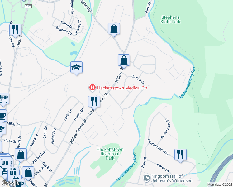 map of restaurants, bars, coffee shops, grocery stores, and more near 620 Willow Grove Street in Hackettstown