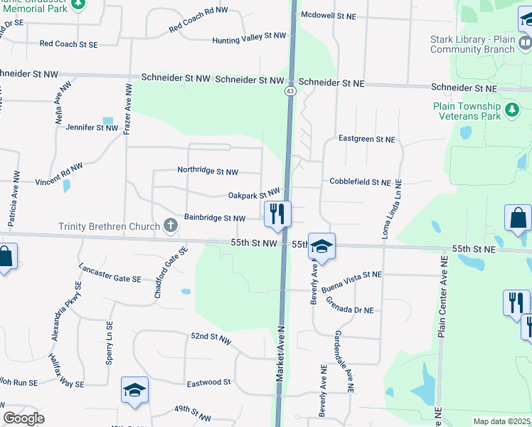map of restaurants, bars, coffee shops, grocery stores, and more near 5546 Brentwood Avenue Northwest in North Canton