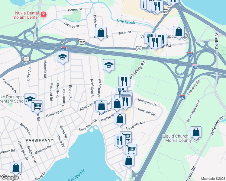 map of restaurants, bars, coffee shops, grocery stores, and more near 38 Keyport Road in Parsippany-Troy Hills