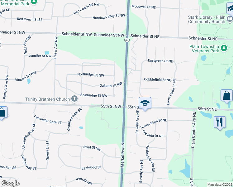 map of restaurants, bars, coffee shops, grocery stores, and more near 5546 Brentwood Avenue Northwest in North Canton