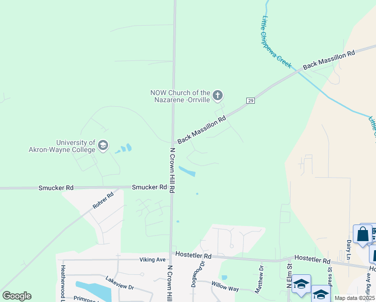 map of restaurants, bars, coffee shops, grocery stores, and more near 1416 Spring Hill Drive in Orrville