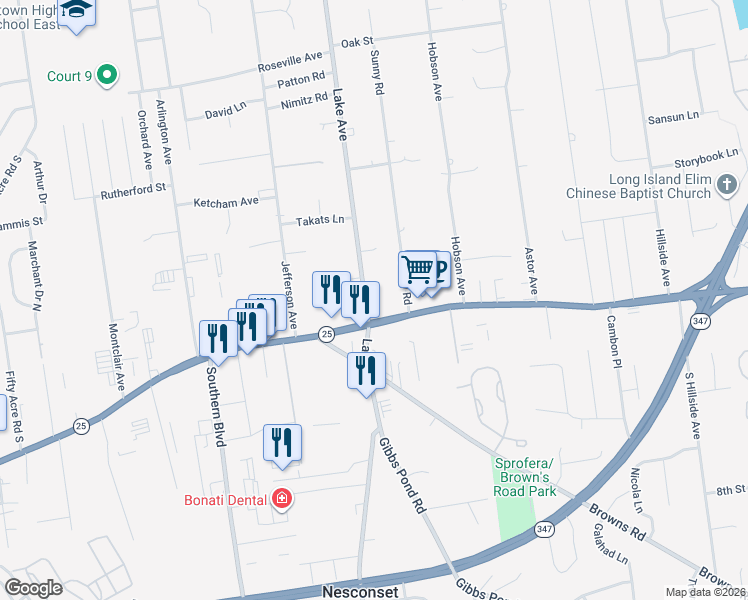 map of restaurants, bars, coffee shops, grocery stores, and more near 37 Lake Avenue in Saint James