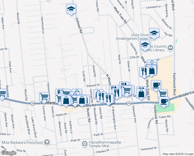 map of restaurants, bars, coffee shops, grocery stores, and more near 45 Gould Road in Centereach