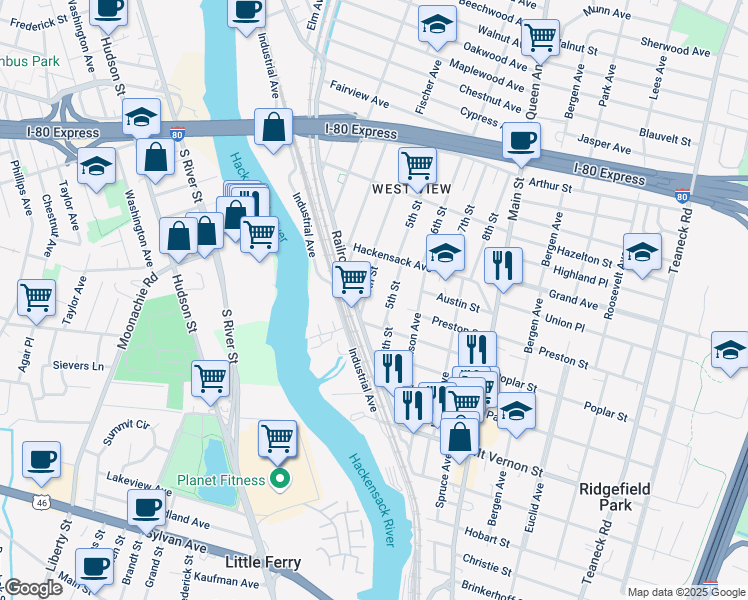 map of restaurants, bars, coffee shops, grocery stores, and more near 33 4th St in Ridgefield Park