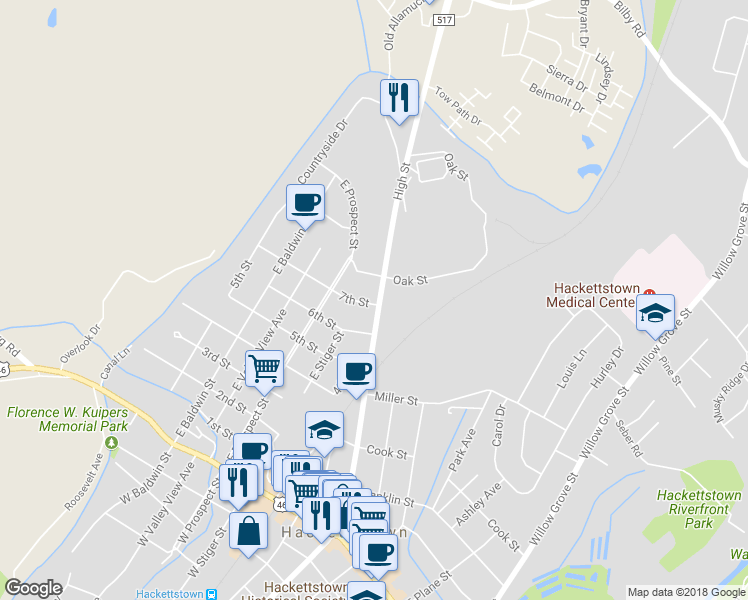 map of restaurants, bars, coffee shops, grocery stores, and more near 701 High Street in Hackettstown