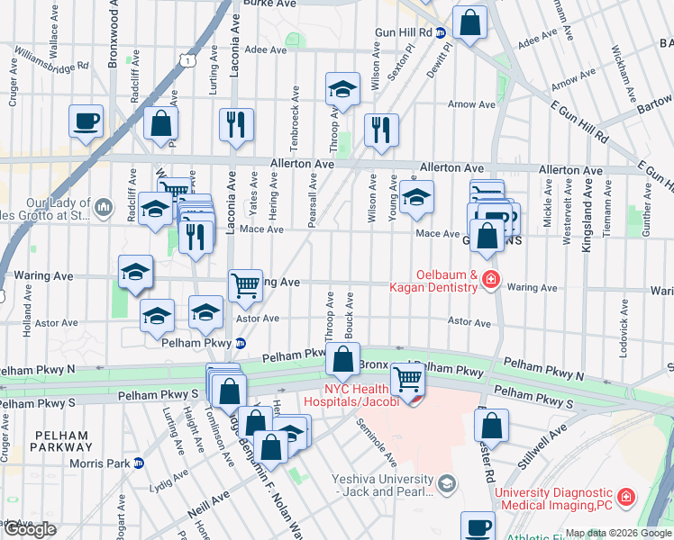 map of restaurants, bars, coffee shops, grocery stores, and more near 2414 Throop Avenue in The Bronx