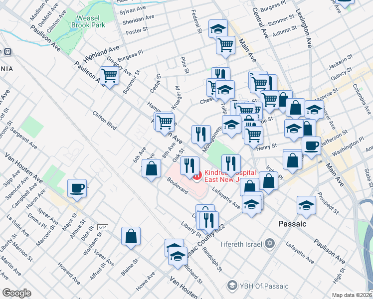 map of restaurants, bars, coffee shops, grocery stores, and more near 455 Paulison Avenue in Passaic