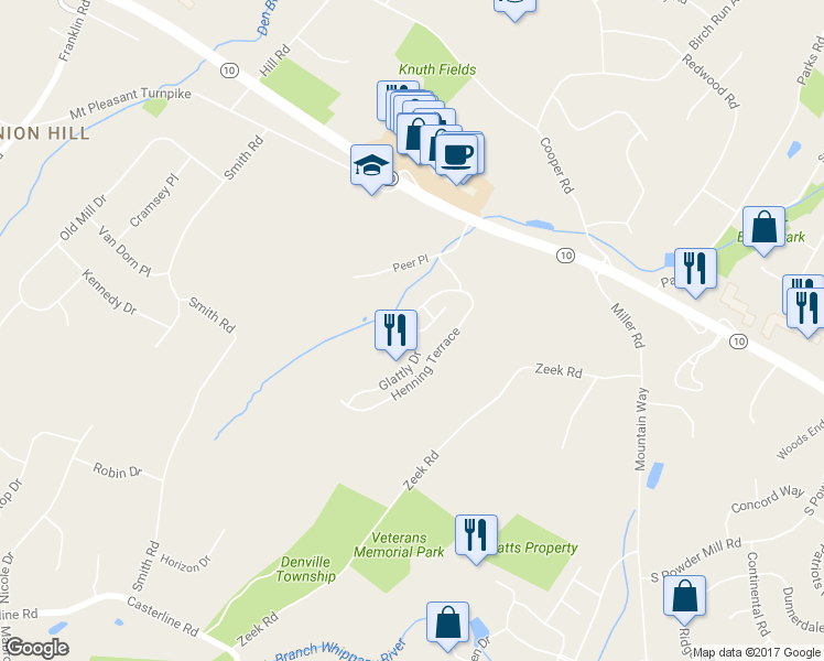 map of restaurants, bars, coffee shops, grocery stores, and more near 14 Glattly Drive in Denville