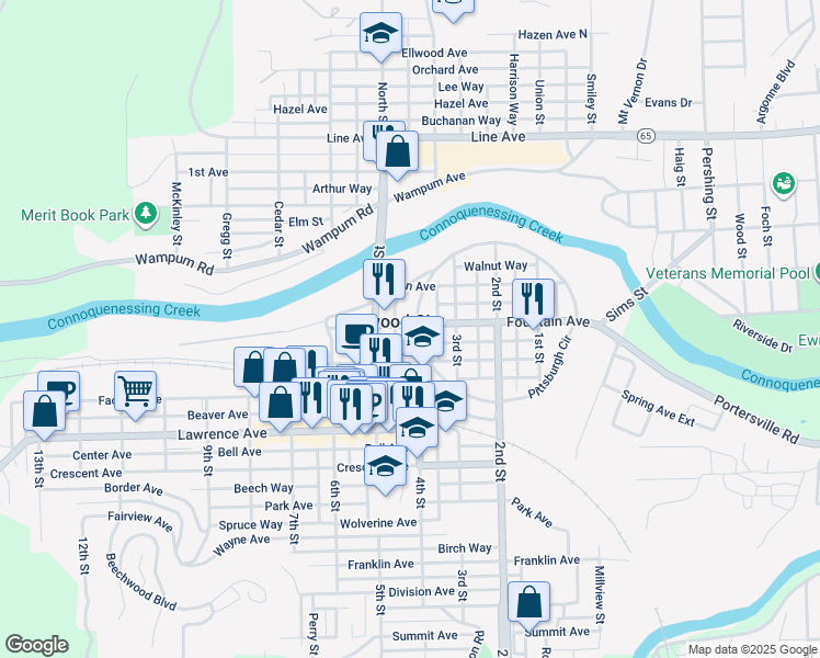 map of restaurants, bars, coffee shops, grocery stores, and more near 100 4th Street in Ellwood City