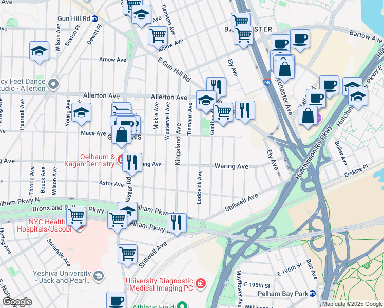 map of restaurants, bars, coffee shops, grocery stores, and more near 2418 Tiemann Avenue in Bronx