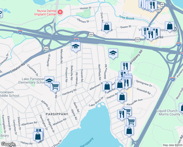 map of restaurants, bars, coffee shops, grocery stores, and more near 72 Grantwood Road in Parsippany-Troy Hills