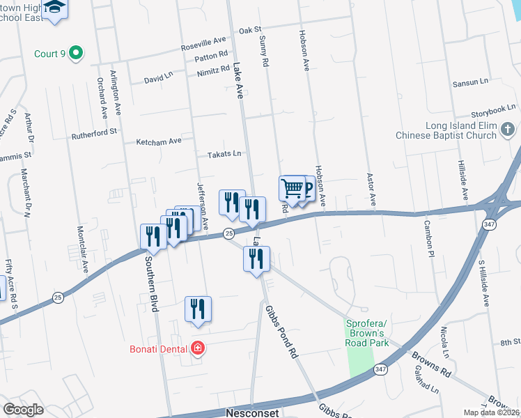 map of restaurants, bars, coffee shops, grocery stores, and more near 37 Lake Avenue in Saint James