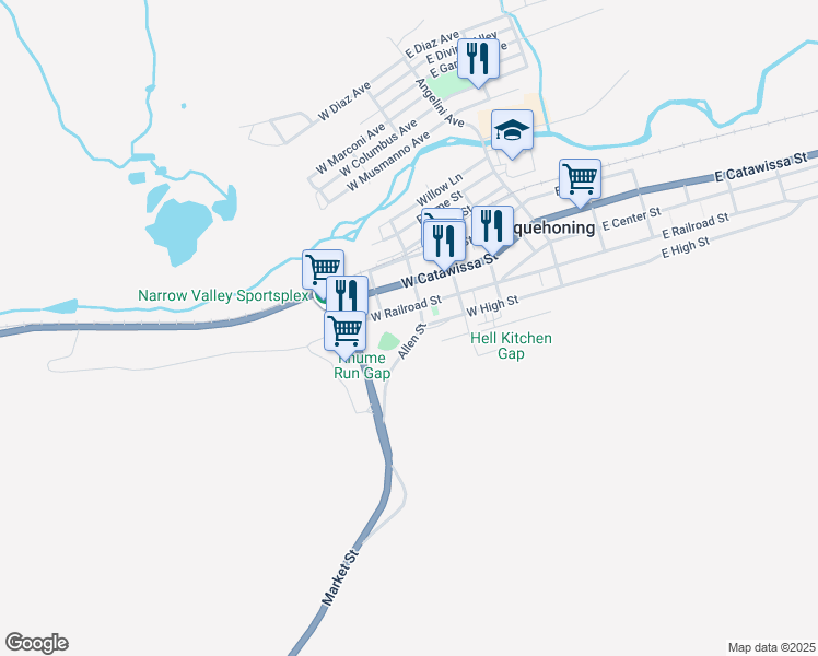 map of restaurants, bars, coffee shops, grocery stores, and more near 315 W Railroad St in Nesquehoning