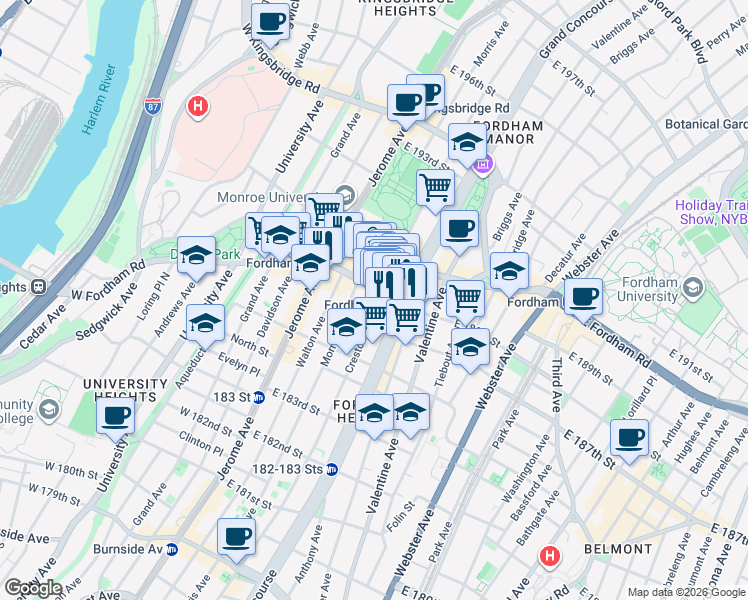map of restaurants, bars, coffee shops, grocery stores, and more near 2445 Creston Avenue in The Bronx