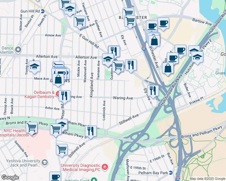 map of restaurants, bars, coffee shops, grocery stores, and more near 2424 Gunther Avenue in Bronx