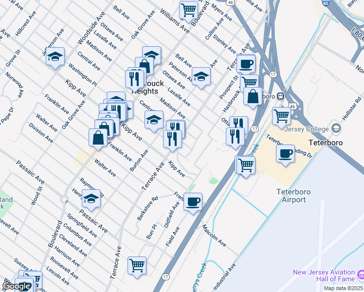 map of restaurants, bars, coffee shops, grocery stores, and more near 12 Michigan Avenue in Hasbrouck Heights