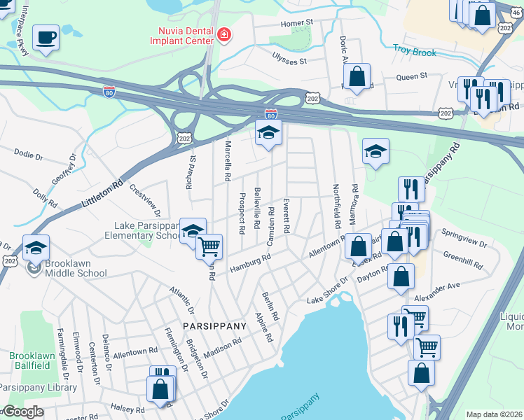 map of restaurants, bars, coffee shops, grocery stores, and more near 66 Bound Brook Road in Parsippany-Troy Hills